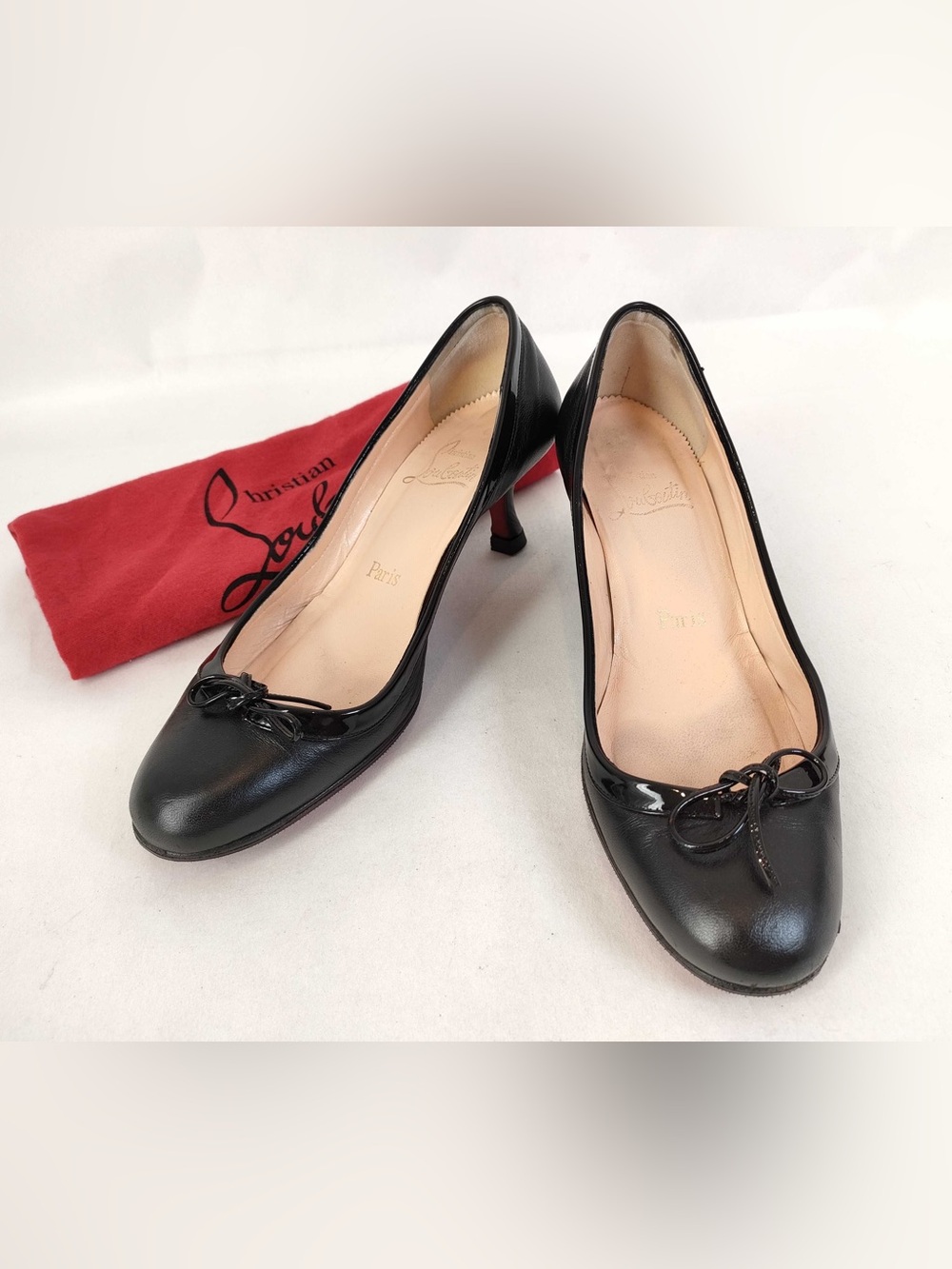 Christian Louboutin Black Leather Mid-Heel Pumps with Bow